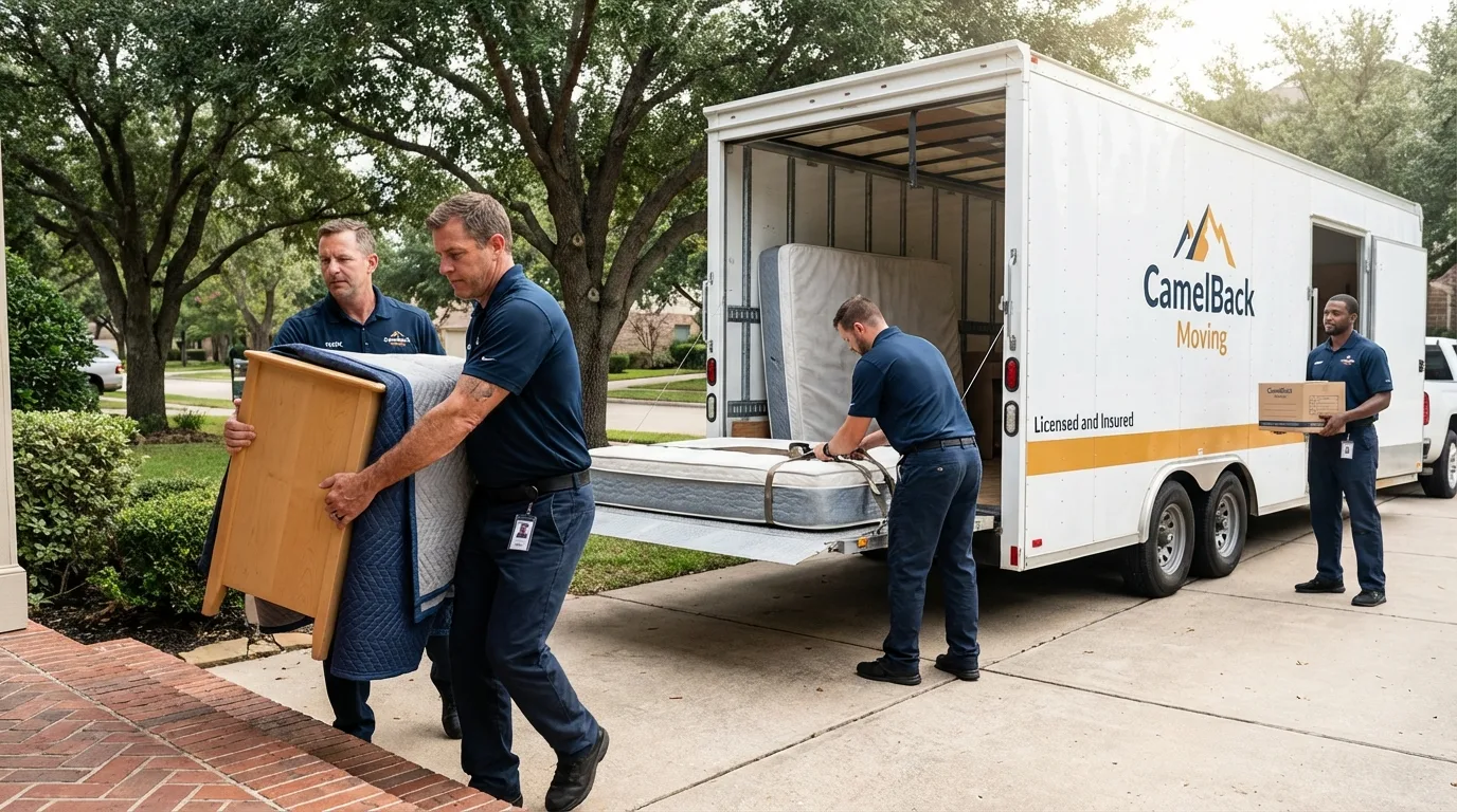 Crew loading residential truck for cross-state move from Seadrift, TX