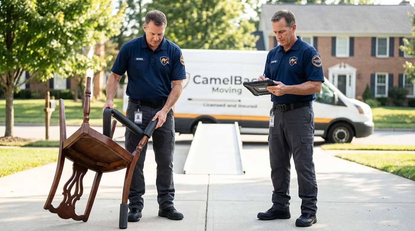Movers inspecting furniture for damage prevention before loading in Seadrift, TX