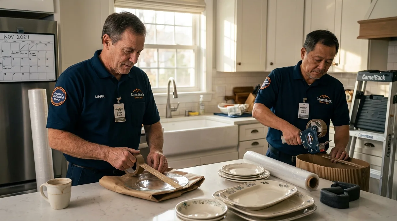 Professional crew packing kitchen dishware in Seadrift, TX